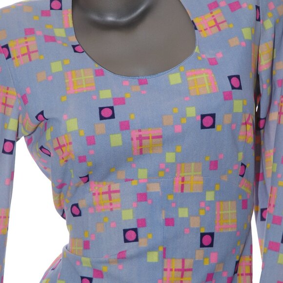 Neon Geo Art Dress Empire Waist Tie A-Line Tunic Vintage 70s Womens S/M - Picture 3 of 9